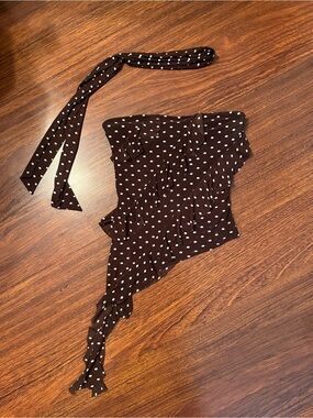 Polka Dot Asymmetric Ruffle Top - Brown & White